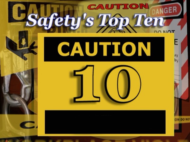 A caution sign for Safety's Top Ten causes of workplace injury that every worker should know