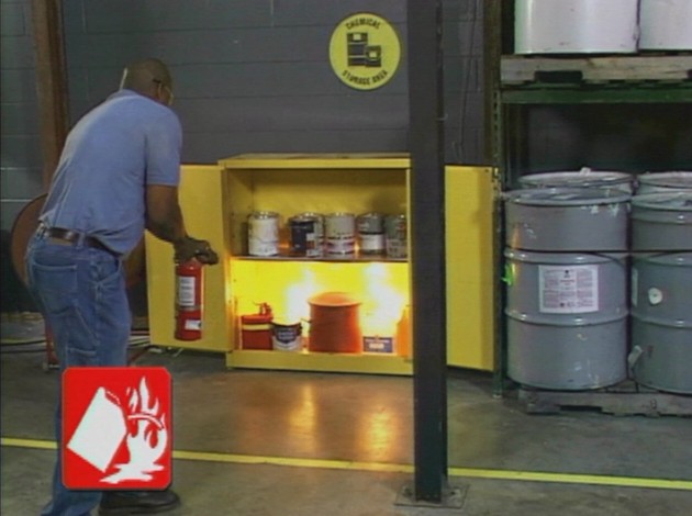 A worker making the correct fire extinguisher decisions and putting out a fire in the workplace