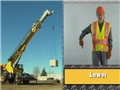 A crane signal person demonstrating the hand signal for a crane operator to safely lower their load